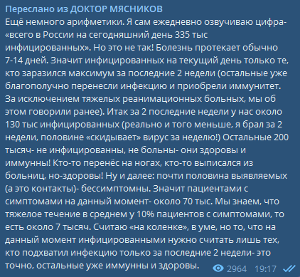 Пишет Алексей Иванов: Доктор Мясников - реальная статистика заражений в РФ на самом деле гораздо меньше официальных цифр